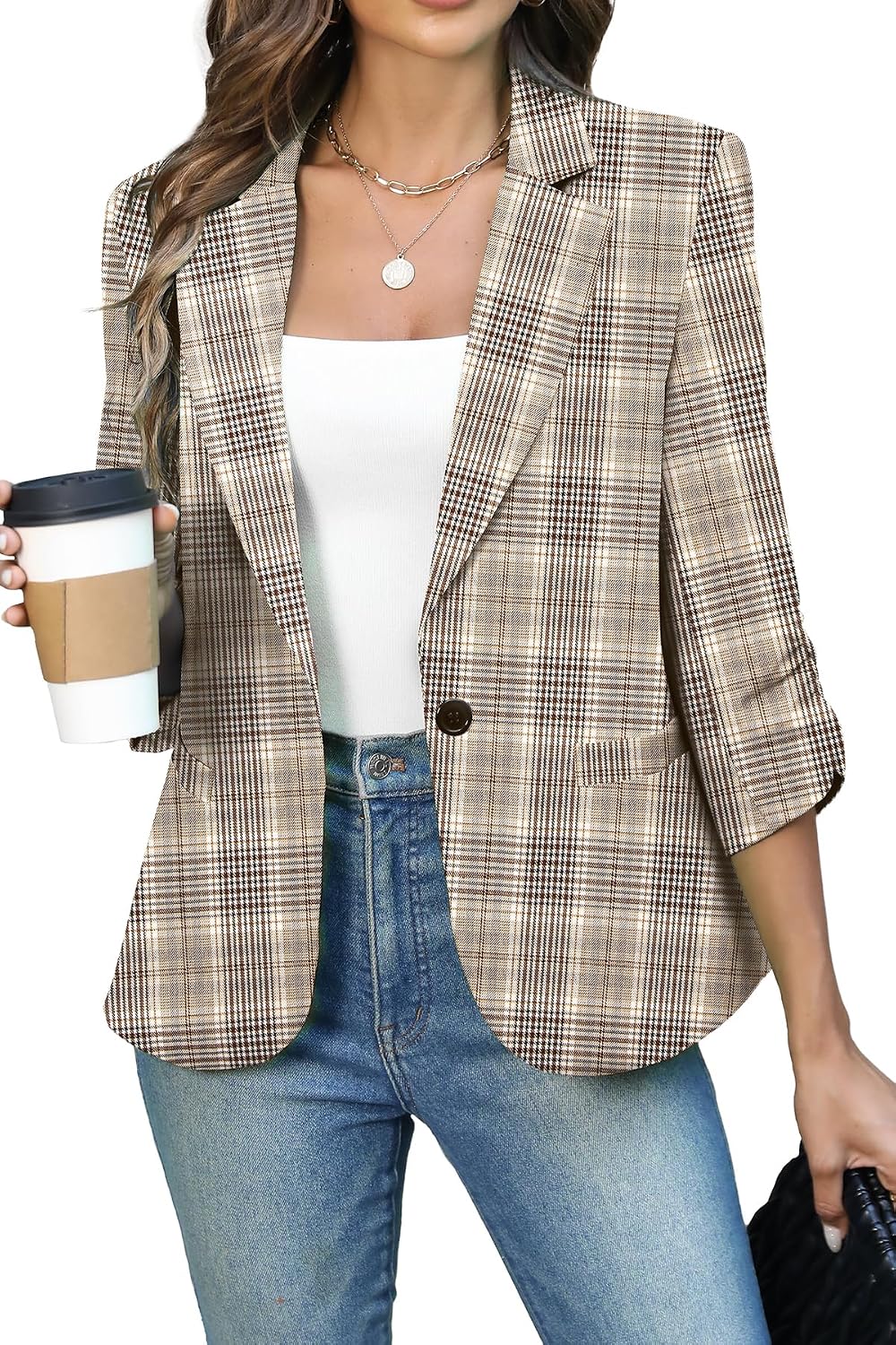 Women's Ruched Three Quarter Sleeve Blazer - Lightweight Fitted Crop Jacket with Full Lining for Spring Office - Medium