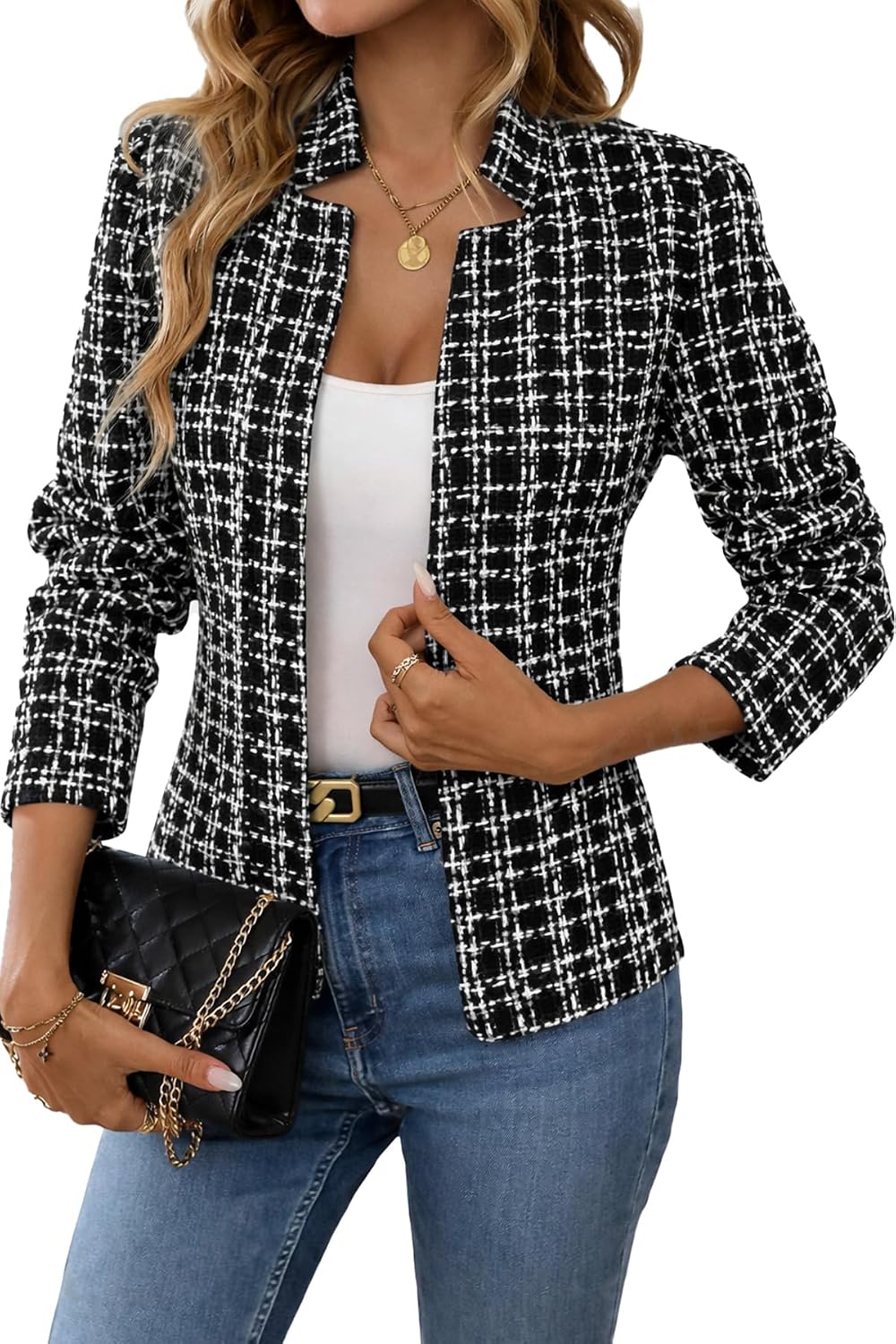 Women's Tweed Open Front Blazer - Fully Lined Notch Collar Jacket with Long Sleeves for Office and Business Wear - Small