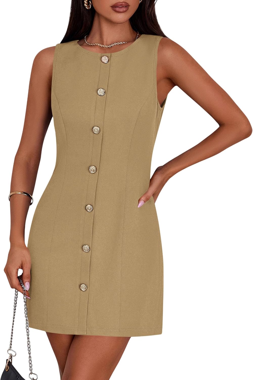 Women's A-Line Cocktail Work Dress - Sleeveless Button Down Mini with Semi Formal Styling for Office and Dinner - Small
