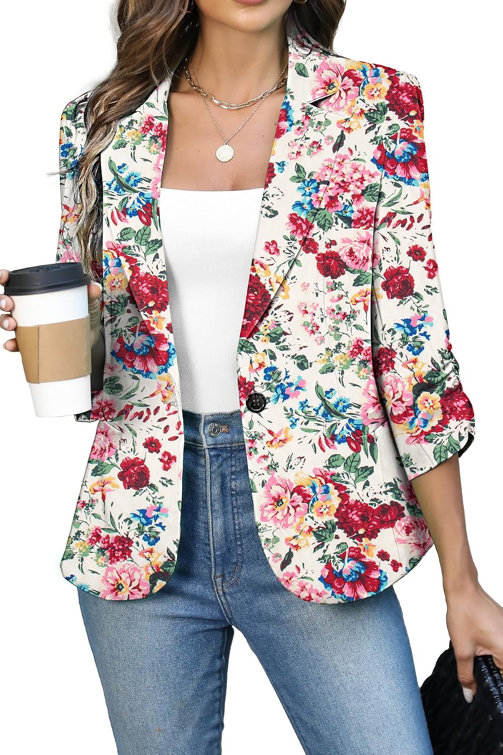 Women's Ruched Three Quarter Sleeve Blazer - Lightweight Fitted Crop Jacket with Full Lining for Spring Office - Small