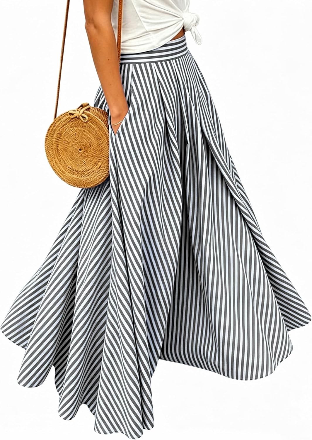 Women's Gingham Plaid Maxi Skirt - High Waist A-Line Pleated Long Skirt with Elastic Waist and Side Pockets - Medium