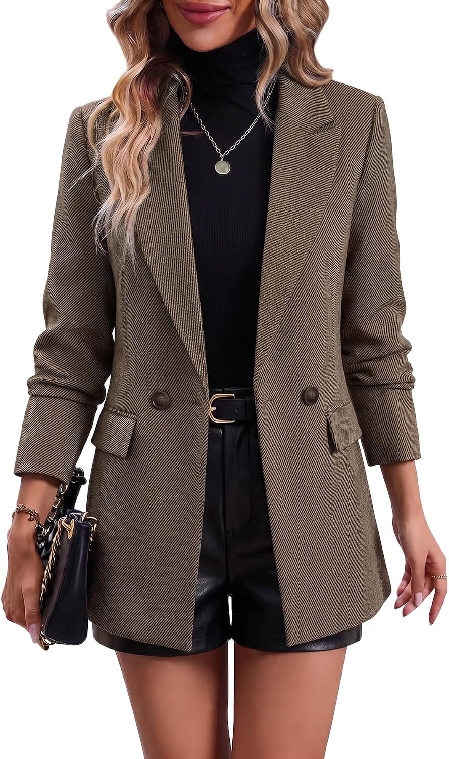 Women's Plaid Houndstooth Blazer - Fully Lined Double Breasted Jacket with Notched Lapel and Pockets for Fall Work - Pla