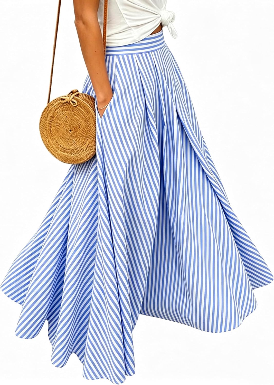 Women's Gingham Plaid Maxi Skirt - High Waist A-Line Pleated Long Skirt with Elastic Waist and Side Pockets - Small