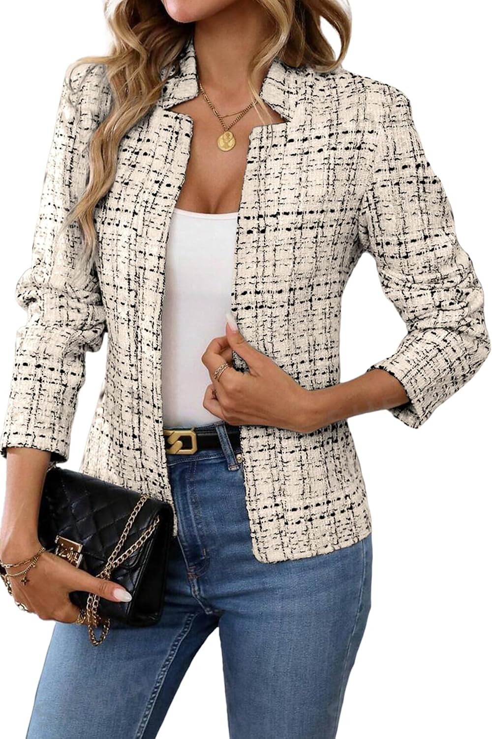 Women's Tweed Open Front Blazer - Fully Lined Notch Collar Jacket with Long Sleeves for Office and Business Wear - Small