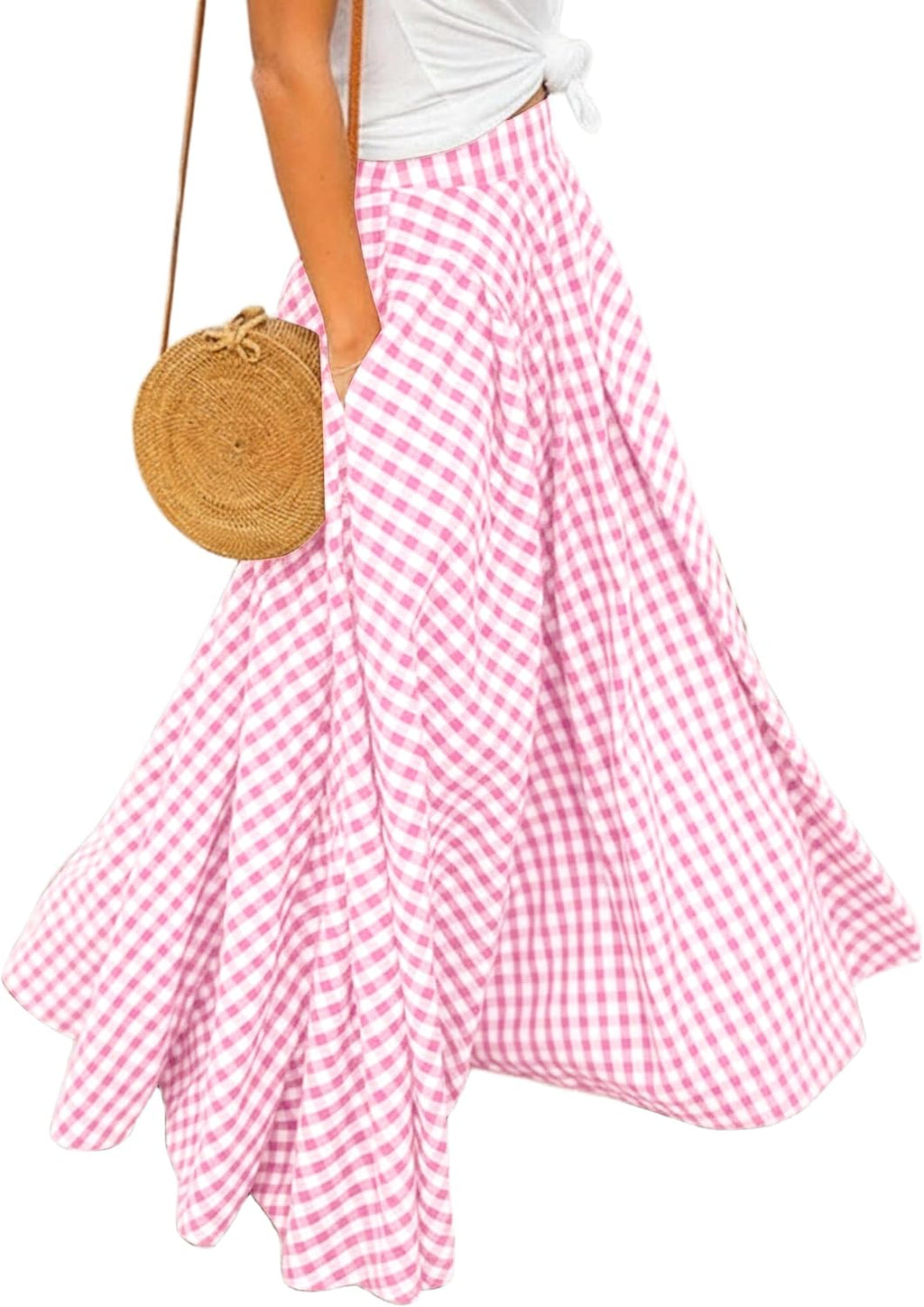 Women's Gingham Plaid Maxi Skirt - High Waist A-Line Pleated Long Skirt with Elastic Waist and Side Pockets - Medium
