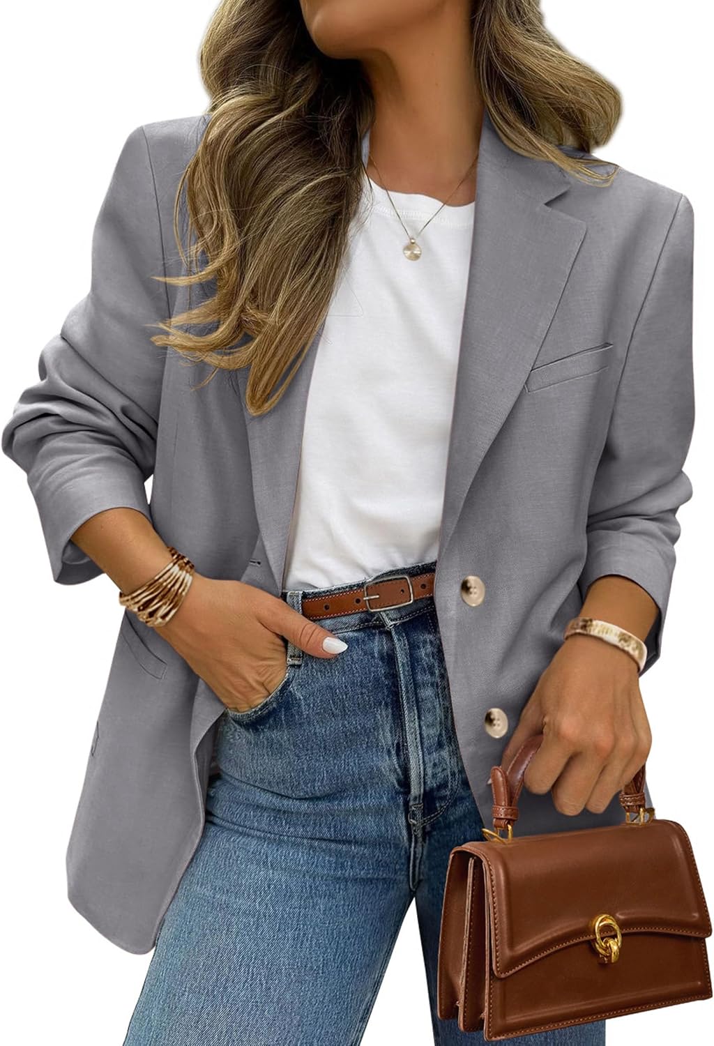 Women's Business Casual Blazer - Notch Lapel Suit Jacket with Button Down Front and Pockets for Office and Fall - Medium