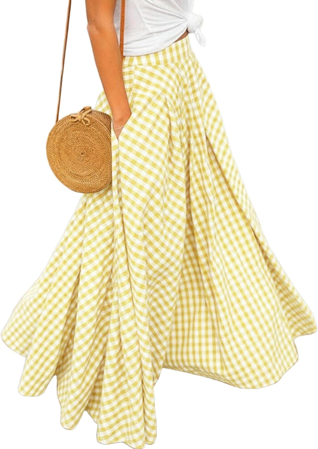 Women's Gingham Plaid Maxi Skirt - High Waist A-Line Pleated Long Skirt with Elastic Waist and Side Pockets - Small