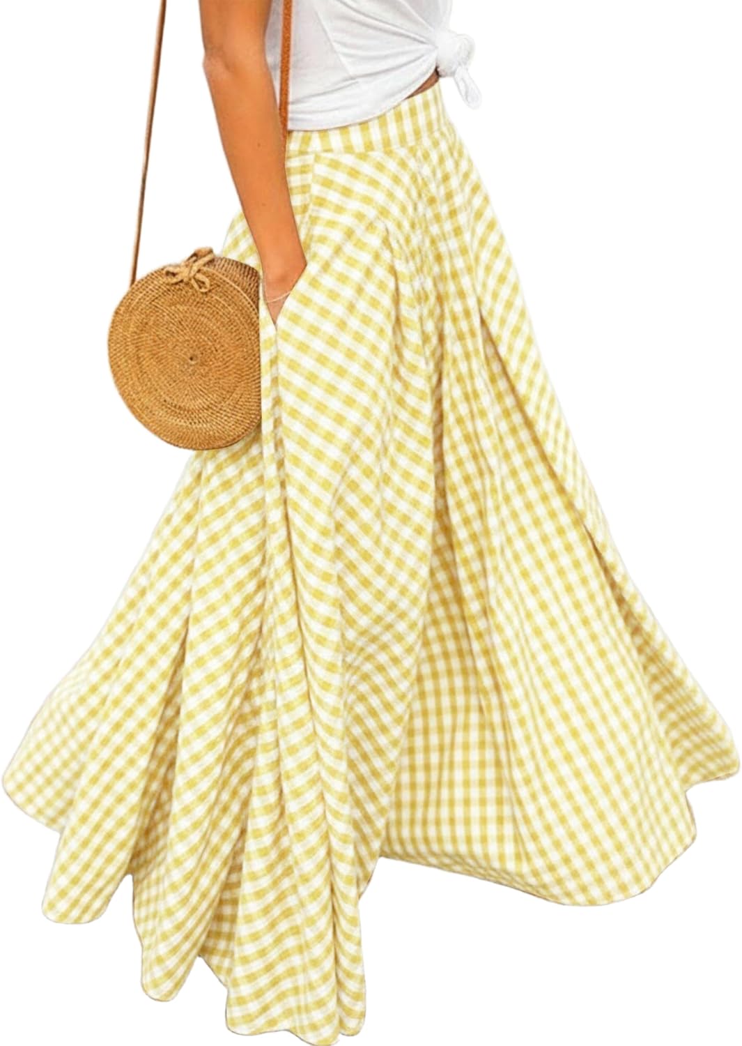 Women's Gingham Plaid Maxi Skirt - High Waist A-Line Pleated Long Skirt with Elastic Waist and Side Pockets - Small