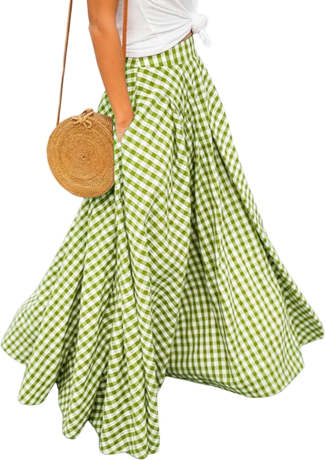 Women's Gingham Plaid Maxi Skirt - High Waist A-Line Pleated Long Skirt with Elastic Waist and Side Pockets - Small