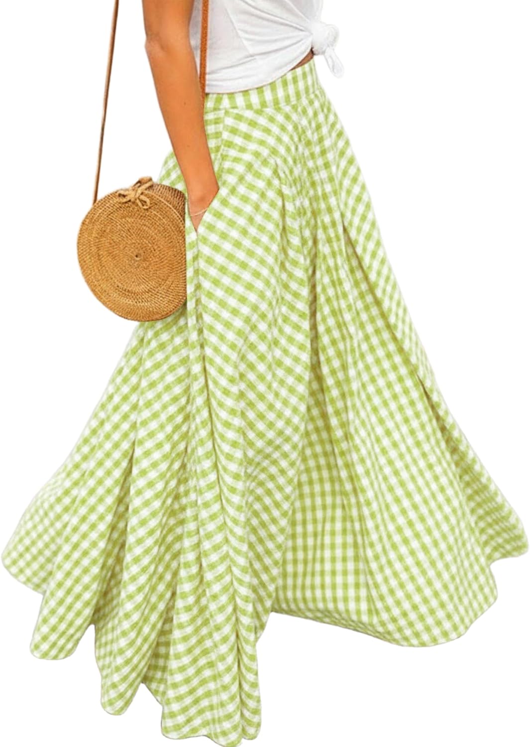 Women's Gingham Plaid Maxi Skirt - High Waist A-Line Pleated Long Skirt with Elastic Waist and Side Pockets - Small