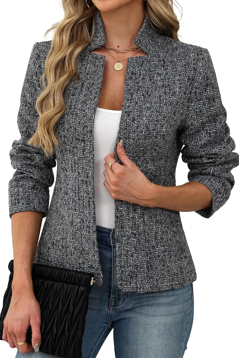 Women's Tweed Open Front Blazer - Fully Lined Notch Collar Jacket with Long Sleeves for Office and Business Wear - Small