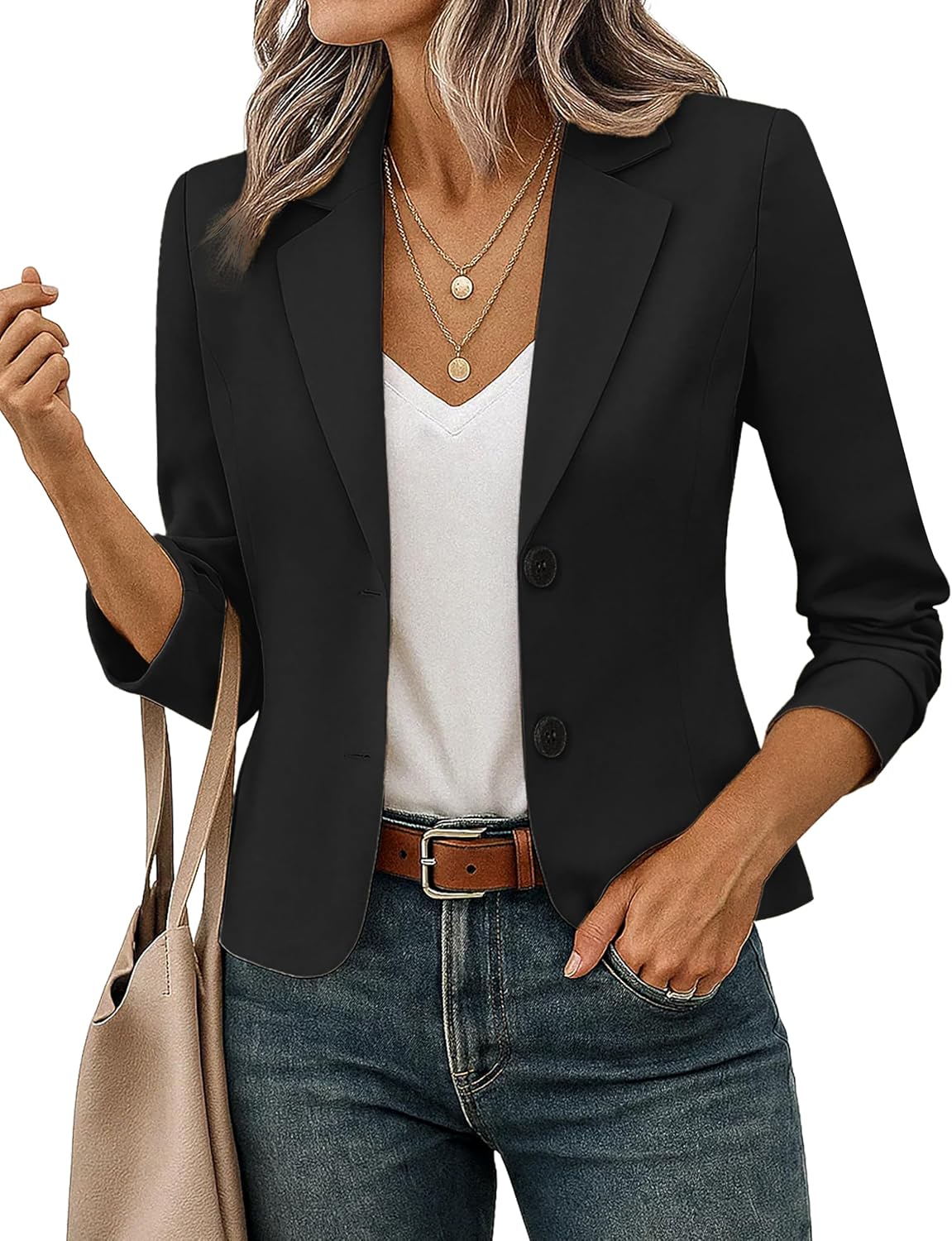 Women's Cropped Blazer Jacket - Lightweight Lined Suit Jacket with Classic Lapel Collar for Office and Casual Wear - Sma