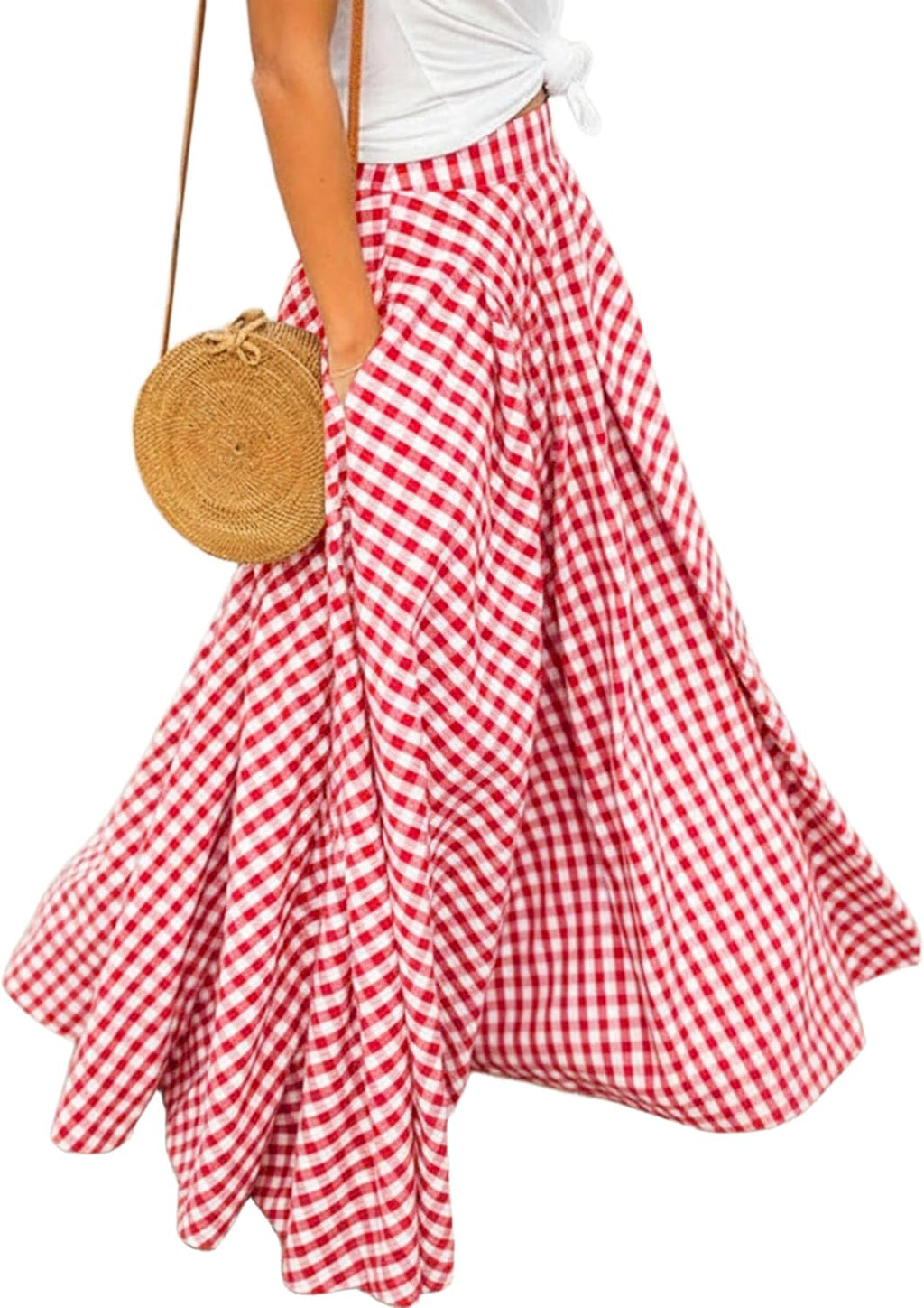 Women's Gingham Plaid Maxi Skirt - High Waist A-Line Pleated Long Skirt with Elastic Waist and Side Pockets - Medium