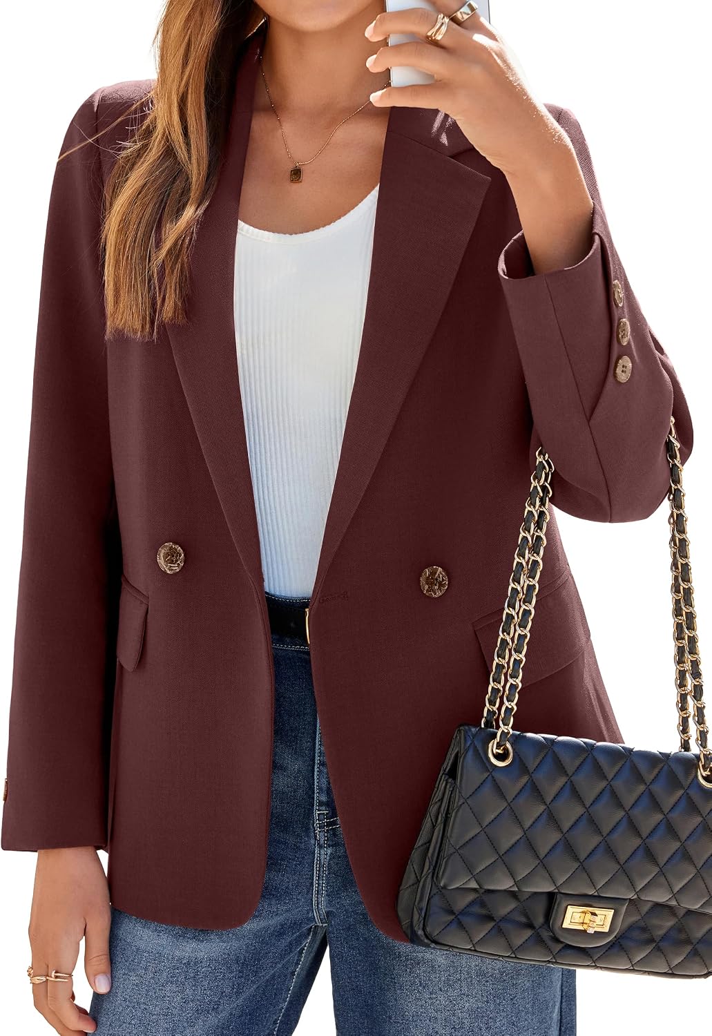 Women's Notch Lapel Blazer - Loose Fit Suit Jacket with Long Sleeves and Front Pockets for Business Casual Days - Small